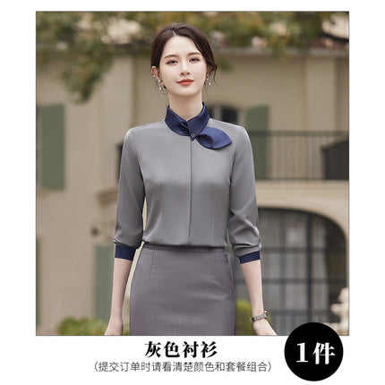 Professional Dress Long Sleeve White Shirt Women's 2024 Spring Temperament Women's Hotel Front Desk Jewelry Store Beautician Work Clothes