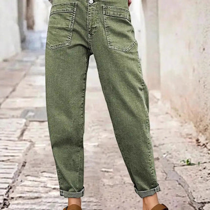Cross-Border Amazon European and American Elastic Mid-Waist Straight Jeans Green Button Design Diagonal Pocket All-Season Jeans