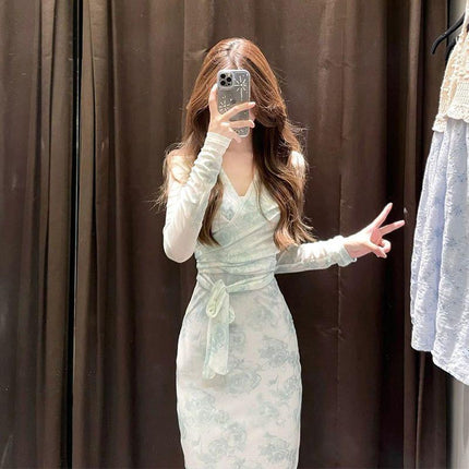 French Green v Neck Floral Mesh Long-sleeved Dress Women's Cardigan Sense Slim Waist Elegant Two-piece Set