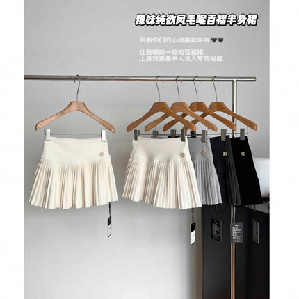 Wool Pleated Skirt Women's 2024 New Autumn and Winter High Waist Slimming All-match A- line Skirt White Skirt Organ Skirt