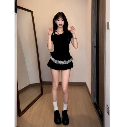 Tie-Up Spicy Girl Off-Shoulder Short-Sleeve T-Shirt Summer New Lace Slim-Fit Patchwork Plaid Crop Top for Women Trendy