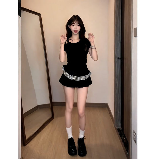Tie-Up Spicy Girl Off-Shoulder Short-Sleeve T-Shirt Summer New Lace Slim-Fit Patchwork Plaid Crop Top for Women Trendy