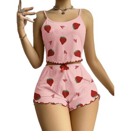 Cross-Border European and American Popular Pajamas for Women, Pit Strip Print, Pure Lust, Sexy Camisole Shorts, Home Clothes Two-Piece Suit