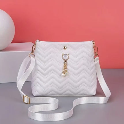 Korean Fashion Wave Stripe Quilted Cat Pearl Pendant Decorative Simple Ladies Crossbody Bag Cross-border Wholesale Bag