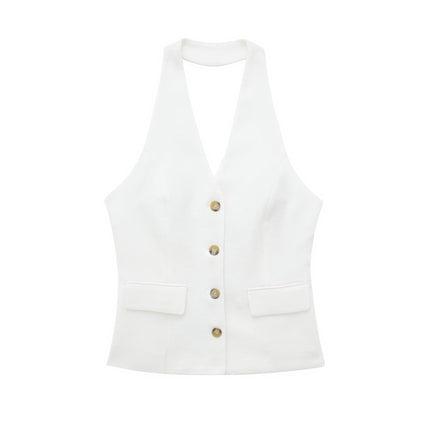 European and American Style Backless Collar Vest 8364532 Pleated Wide Leg Pants 8365532 Set White Top