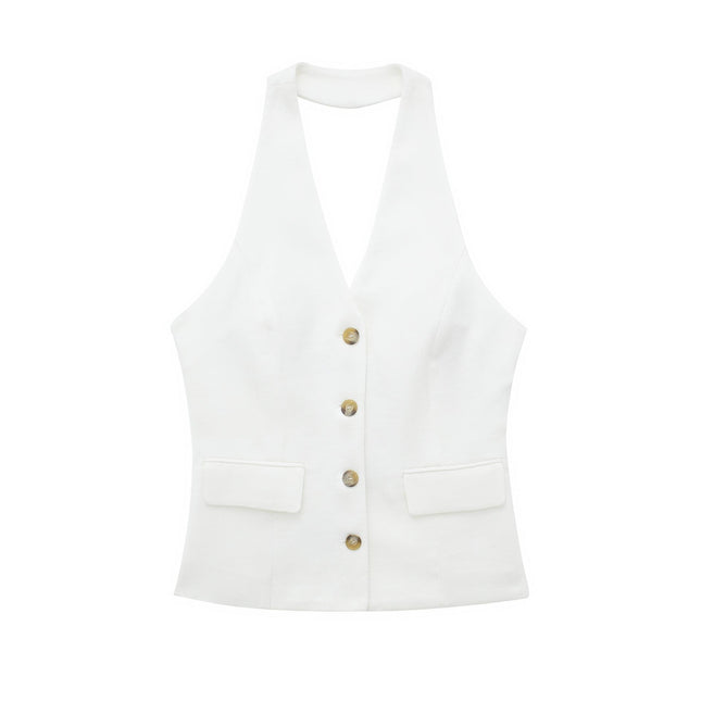 European and American Style Backless Collar Vest 8364532 Pleated Wide Leg Pants 8365532 Set White Top