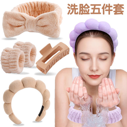 Cross-border Amazon Face Wash Hair Band Five suit Sponge Twist High Cranial Top Head Band Wrist Band Hair Band