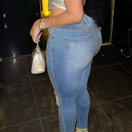 Cross-Border European and American Tiktok Pop In-Stock Plus-Size Women's High-Stretch Zippered Mid-Waist Temu Ripped Skinny Jeans