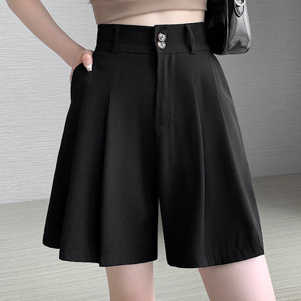 2025 Black Five-Point Suit Shorts for Women, New Autumn High-Waisted A-Line Casual Pleated Wide-Leg Shorts for Outerwear