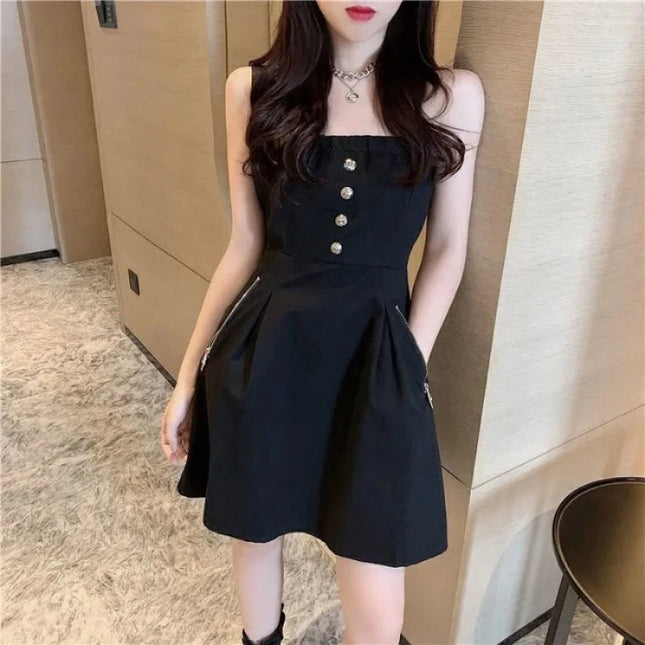 2025 summer new gentle wind can be salt can be sweet off-shoulder small waist slim long sling dress