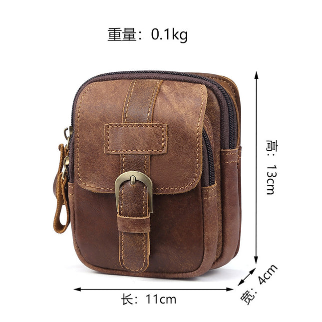 Genuine Leather Men's Frosted Leather Zipper Waist Bag Outdoor Sports Waist Bag Men's Work Site Wear-resistant Mobile Phone Waist Bag