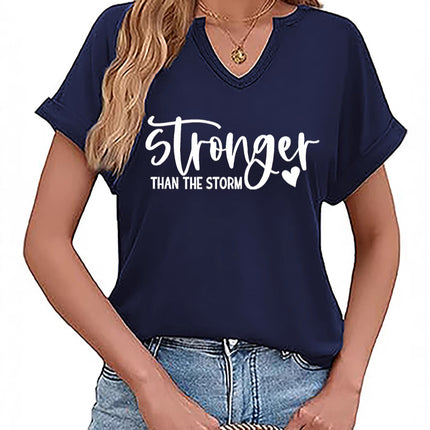 Amazon Cross-Border Spring and Summer New Product V-Neck Rolled Sleeves Stronger Than the Storm Letter Print