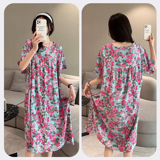 Cotton Silk Nightdress Women's Short-sleeved Artificial Cotton Pajamas Summer Thin Large Size Loose Home Clothes Simple Floral Dress