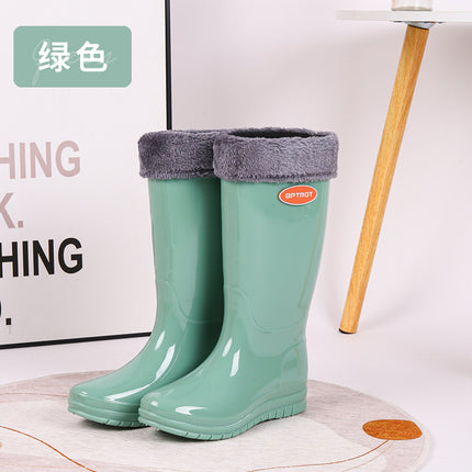 Women's Rain Shoes Korean Style Fashionable Mid-barrel High-bark Rain Boots Thick Sole Non-slip Waterproof Plus Cotton Velvet Warm Cover Shoes Outdoor Water Shoes