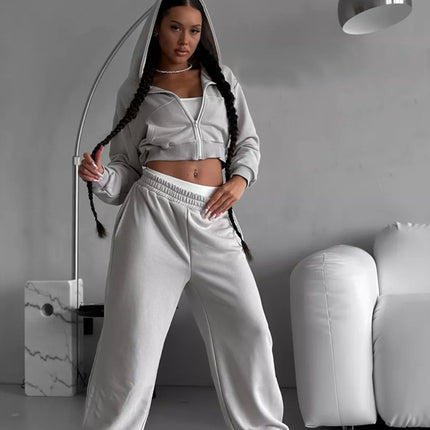 2026 Amazon Sexy Fashion European and American Style Casual Long-Sleeve Hooded Crop Top Shorts Cardigan Sports Pants