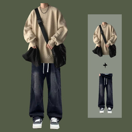 Lazy Style Sweater Men's Spring and Autumn Casual suit Set Matching Jeans Men's Sweater Fashion Two-piece Set