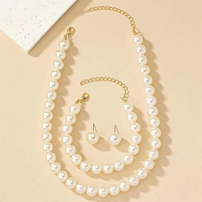 A set of cold wind imitation pearl earrings bracelet necklace suit female niche temperament retro clavicle chain suit wholesale