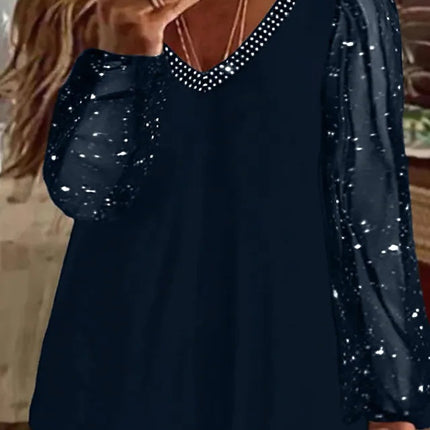 2025 Women's Tops Pure Sequin Tops Ruched Long Sleeve V Neck Casual Daily Vacation Polyester Autumn Mesh Sha