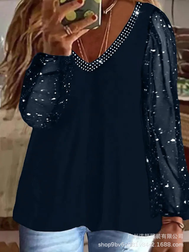 2025 Women's Tops Pure Sequin Tops Ruched Long Sleeve V Neck Casual Daily Vacation Polyester Autumn Mesh Sha
