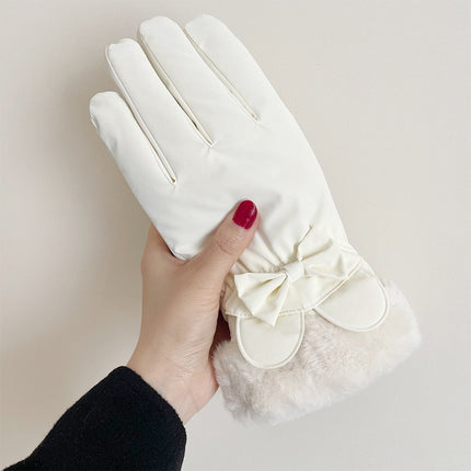 Down Cotton Gloves Women's Winter Bow Fingers Plus Fleece Windproof Cold-proof Skiing Five-finger Warm Touch Screen Cycling