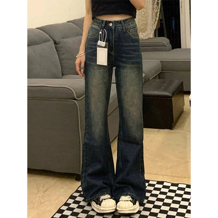 Blue Grey Slax Jeans Women's Fashionable All-match New High Waist Slimming Loose Flesh Covering Simple Casual Wide-leg Pants