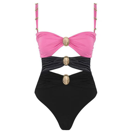 2025 European and American foreign trade new bikini AliExpress skirt swimsuit Amazon solid color stitching one-piece swimsuit women