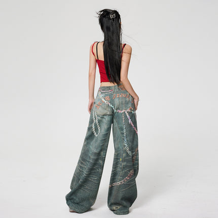 American Retro Printed Chain Design High-Waisted Wide-Leg Jeans for Women, New Spring and Autumn Loose Slimming Floor-Length Pants Trendy