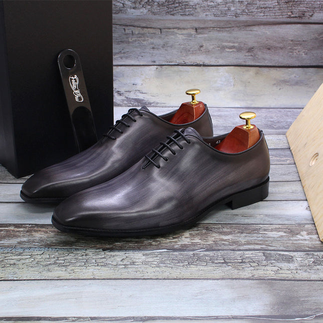 [One-Piece Oxford Shoes - Hand Brushed] Men's Leather Shoes Business Formal British Style Cowhide Men's Shoes Gray