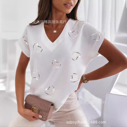 2023 New Hot Independent Station Loose V-neck Love Printed Short Sleeve T-Shirt for Women
