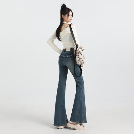 Bumi House American-style Tannin Micro-blared Jeans Women's New Spice Girl High Waist Slim-fit Button Pocket Slim-fit Flare Pants