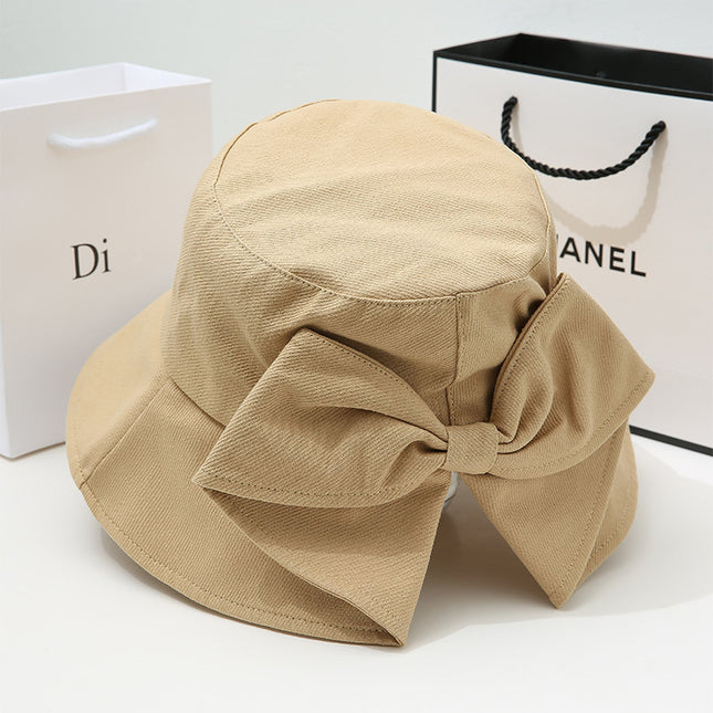 Women's Sun Protection Hat Summer Japanese Style Casual Hepburn Style Bowknot Versatile Wide-Brimmed Sunshade Bucket Hat