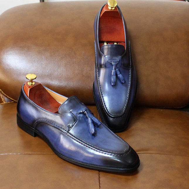 Brand Same Style Small Square Head Tassel Loafers Men's Genuine Leather Shoes Business Dress Men's Shoes Wedding Banquet Shoes
