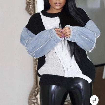 D8703 New Product Aliexpress Amazon European and American Fashion Loose Sweater Color Matching Jeans Sleeves in Stock