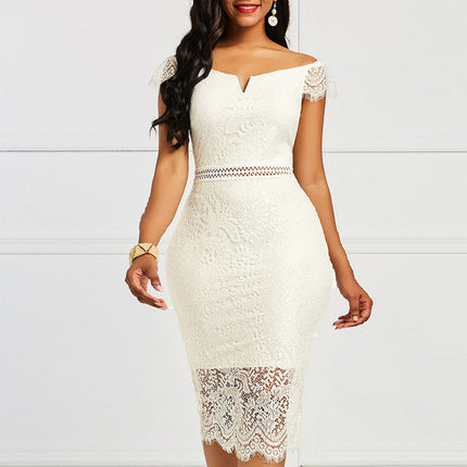 Factory Ready-Made Cross-Border European and American Evening Dress Short-Sleeved V Neck Off-Shoulder Sexy Mid-Length Hip-Hugging Lace Dress Wholesale