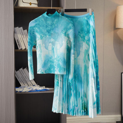 Spring High-Bottom Pleated Corn Kernel Graffiti Long-Sleeved Turtleneck T-Shirt Bottoming Shirt Drapedy Stereo Large Swing Skirt Two-Piece Set