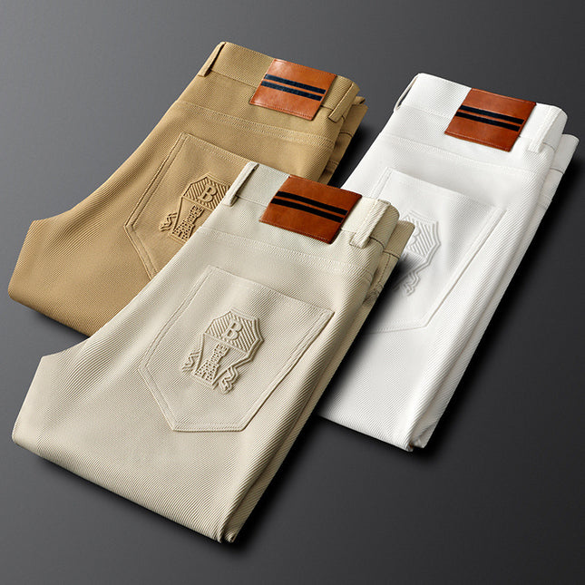 Light Luxury Light Khaki Pocket Embossed Casual Pants Men's Slim Straight Pants Men's Spring and Summer Men's Business Pants