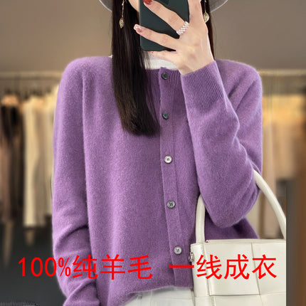 First-line clothing 100 full wool knitted cardigan women's autumn and winter New loose coat versatile comfortable sweater fashion