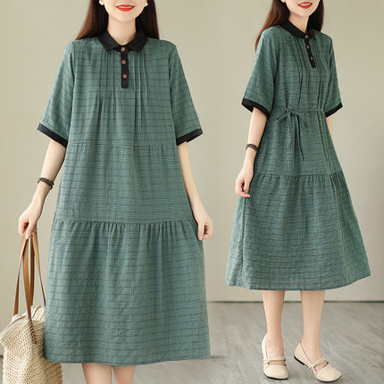 Real shot 2024 Summer new celebrity light luxury plaid mid-length waist slimming doll collar plaid dress women