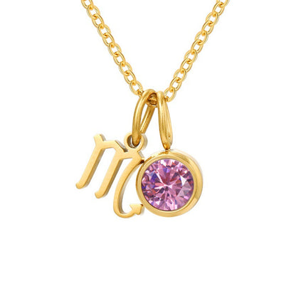 Non-Fading Titanium Steel Zodiac Necklace for Women, Birthstone Rhinestone Pendant, Clavicle Chain, European and American Style Niche Light Luxury Jewelry