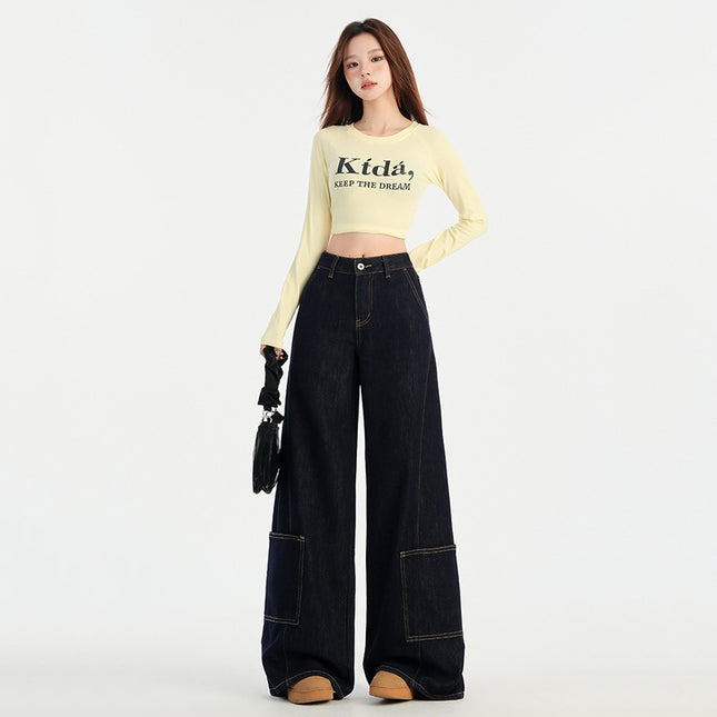 American Denim Blue Jeans for Women, Autumn New Style, Pocket Design, Large Straight Loose Lazy Floor-Length Wide-Leg Pants