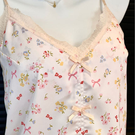 Small Floral Print Women's Short Top, Shorts, Short-Sleeve Long Pants Four-Piece Set, Spring and Summer Lace with Chest Pads, Sweet Ice Silk Loungewear