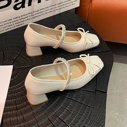Bow Rhinestone Thick Heel Mary Jane Pumps for Women 2025 New French Champagne Color High Heels for Women with Skirts