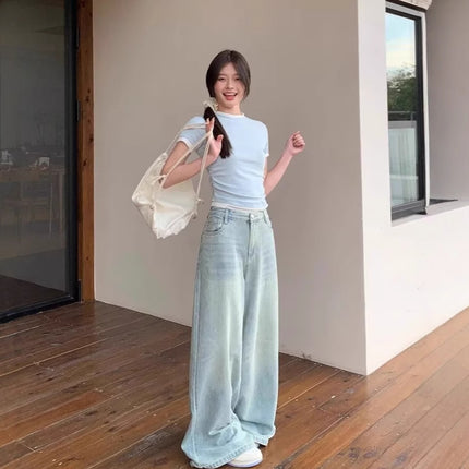 American Retro High Waist Jeans Women's Spring and Autumn Loose Mop Pants Straight Leg Pants Fashionable All-match Wide Leg Pants