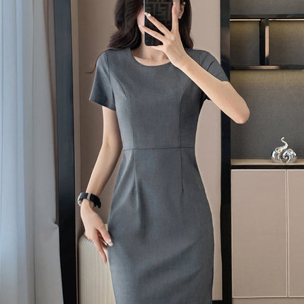 Gray Short-Sleeved Dress for Women Summer 2025 New Jewelry Store Work Clothes Waist Slimming Look Professional Elegant Skirt