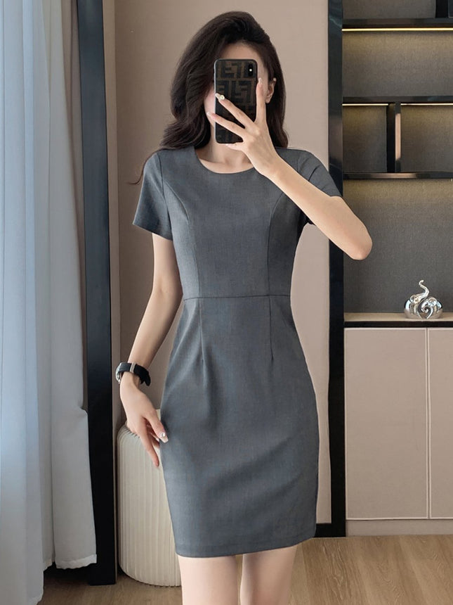 Gray Short-Sleeved Dress for Women Summer 2025 New Jewelry Store Work Clothes Waist Slimming Look Professional Elegant Skirt