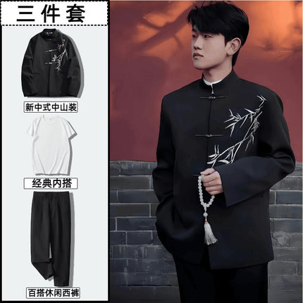 New Chinese Style Chinese Style Casual Suit suit Boys Spring and Autumn Feeling Yuppi Handsome Airplane Buckle Shoulder Pad Ethnic Style Chinese Traditional Suit