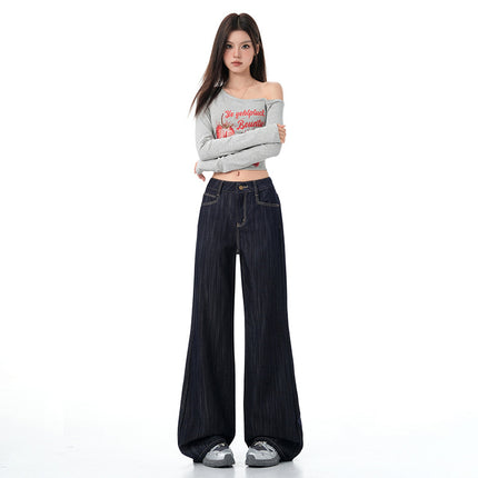 Deep Blue Flared Jeans for Women, Autumn New American High Street Style, Loose Drape Wide-Leg Bell-Bottom Pants