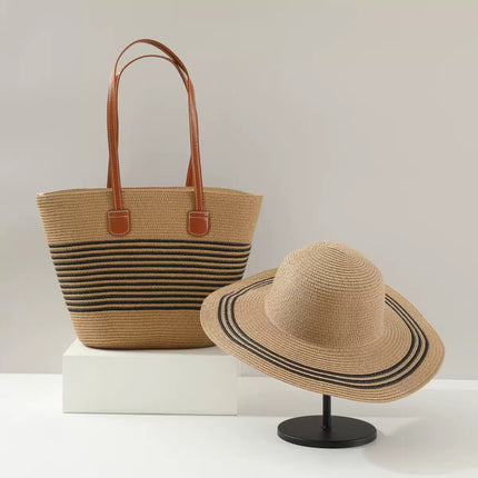 Explosions Large Capacity Straw Bag Straw Hat Two-piece Set Outdoor Travel Big Brim Face Small Sun Hat Tote Bag Tide