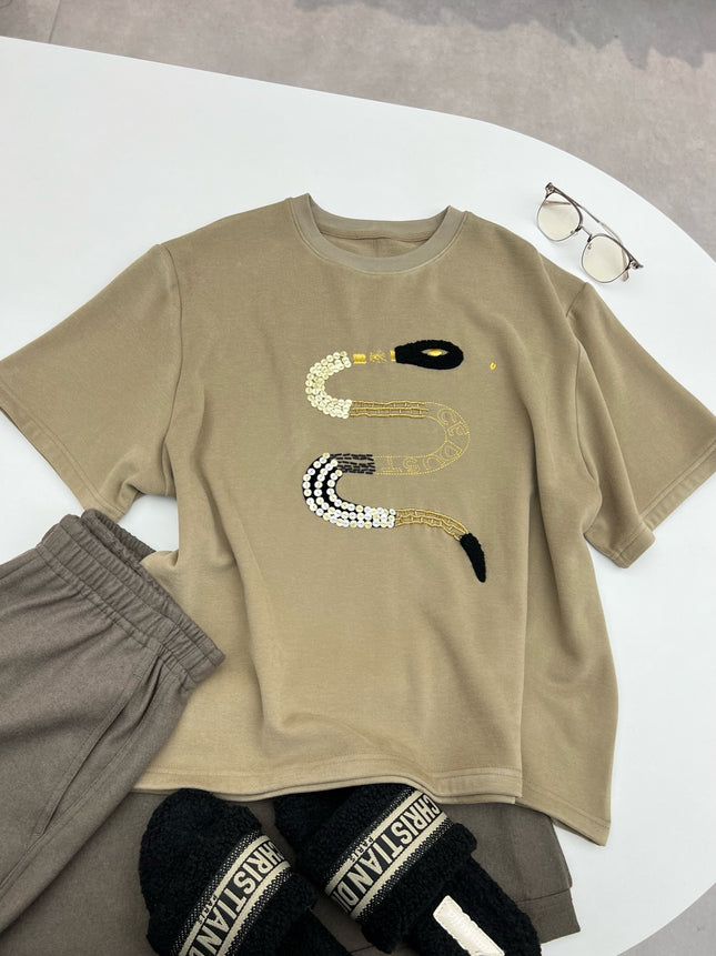 Spring New Capsule Fashionable Year of the Snake Graphics Brushed Sequins Exquisite Loose Round Neck Threaded Edge Short-Sleeved T-Shirt