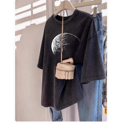 Pure Cotton Washed Distressed Short-Sleeved T-Shirt for Women Summer Large Size Loose European and Korean Couple Design Half-Sleeved Top Trendy Ins